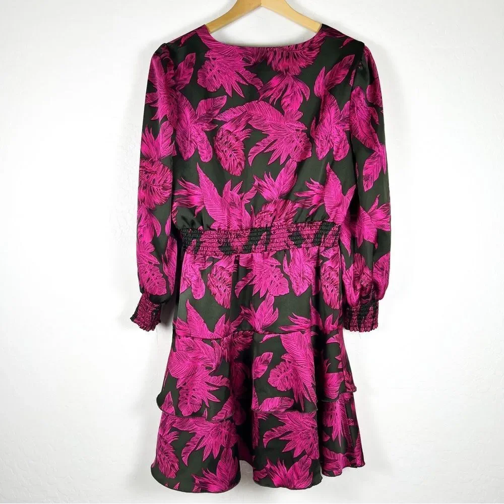 Sam Edelman Tropical Palm Mini Dress Smocked Waist Tiered Long Sleeve Pink Black